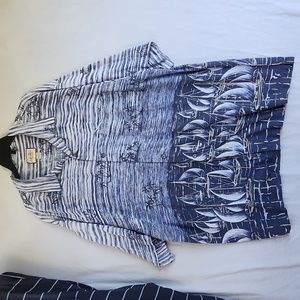 Vintage L. B. Tropical Short Sleeve Shirt Blue Palms & Sail Boats Size XL